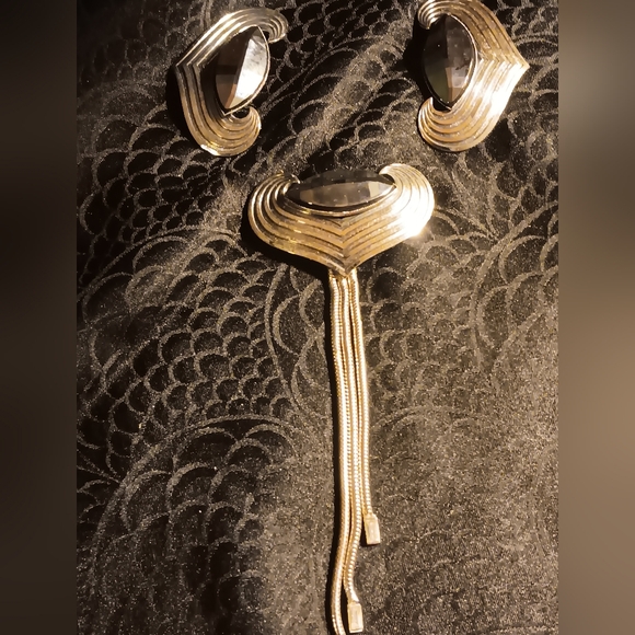 Ermanni Bulatti obsidian pin and matching CLIP earrings - Picture 2 of 3